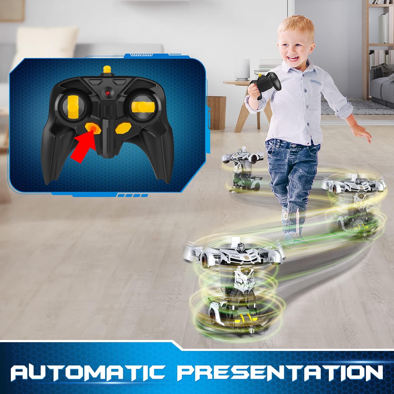 FDJ Remote Control Car - Transform , One Button Deformation to Robot with Flashing Light, 2.4Ghz 1:18 Scale Transforming Police Boys Kids Toys Gift with 360 Degree Rotating Drifting - Image 5