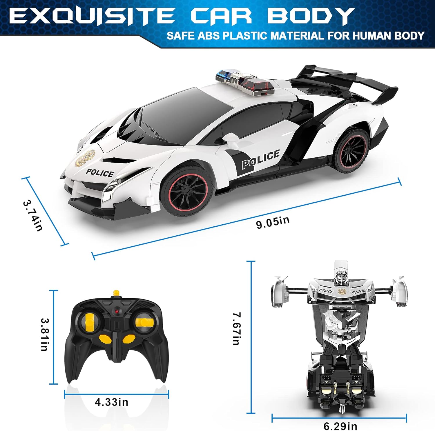 FDJ Remote Control Car - Transform , One Button Deformation to Robot with Flashing Light, 2.4Ghz 1:18 Scale Transforming Police Boys Kids Toys Gift with 360 Degree Rotating Drifting - Image 7