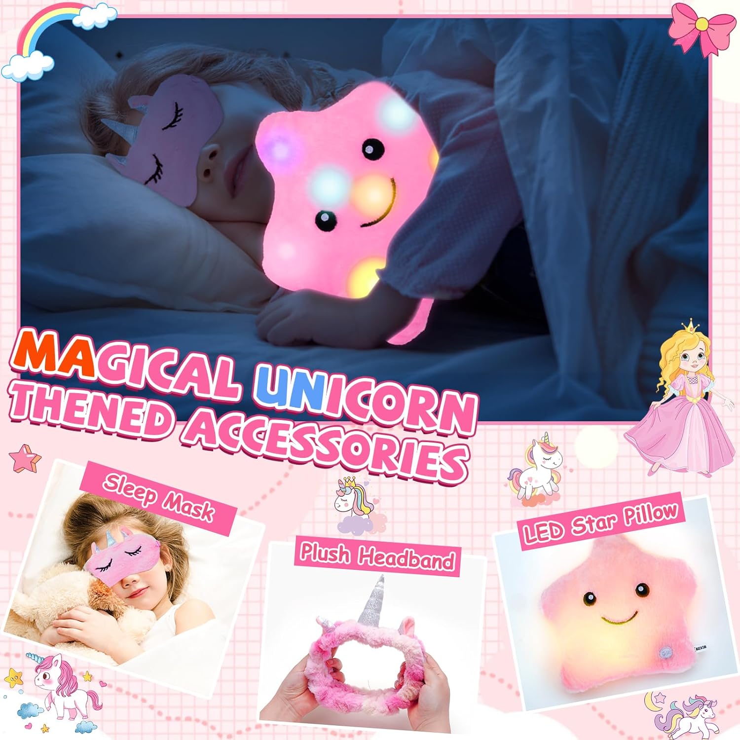 Petrichor Unicorns Gifts for Girls Kids Toys 6 7 8 9 10 Years Old with Star Light Up Pillow Stationery Plush Diary Headband Eye Mask Mirror Water Bottle Teen Girl Gifts for Birthday Unicorn Toy Set - Image 5