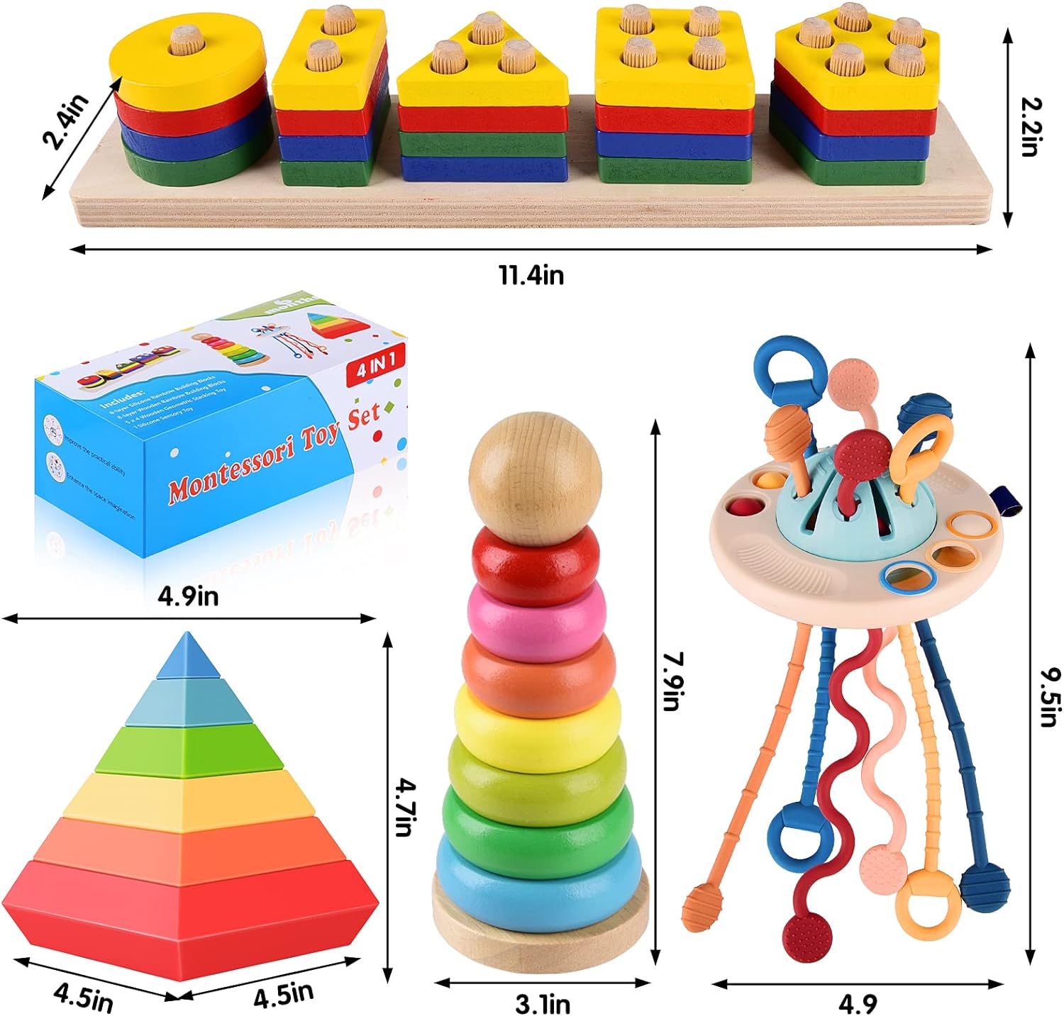 4 in 1 Montessori Toys for Babies, Baby Toys 6 to 12 Months, Stacking Building Blocks & Pull String Baby Teething Toys 3-6-9-12 M+,Toddler Sensory Toys Ages 1-2, Toddler Learning Toys - Image 7