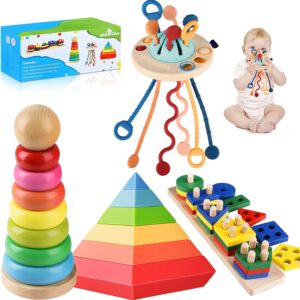 4 in 1 Montessori Toys for Babies, Baby Toys 6 to 12 Months, Stacking Building Blocks & Pull String Baby Teething Toys 3-6-9-12 M+,Toddler Sensory Toys Ages 1-2, Toddler Learning Toys