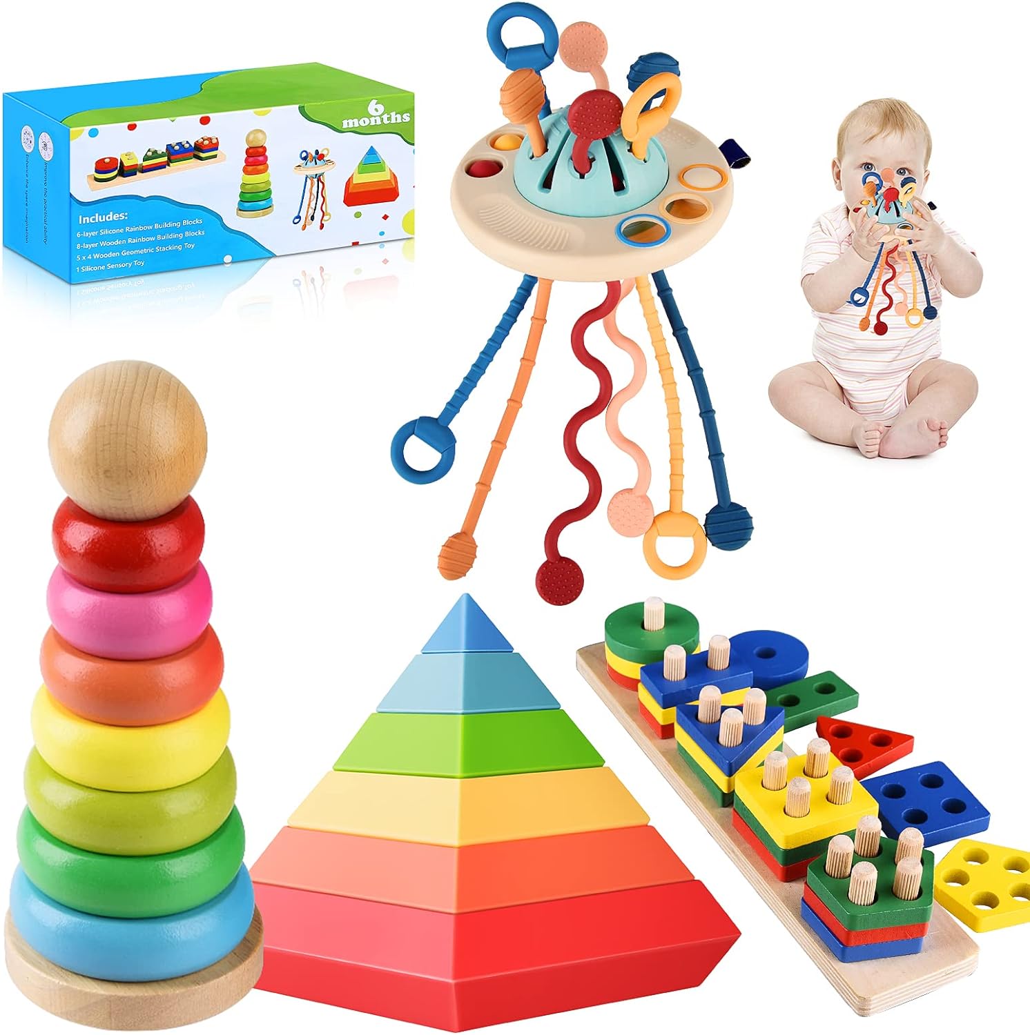4 in 1 Montessori Toys for Babies, Baby Toys 6 to 12 Months, Stacking Building Blocks & Pull String Baby Teething Toys 3-6-9-12 M+,Toddler Sensory Toys Ages 1-2, Toddler Learning Toys