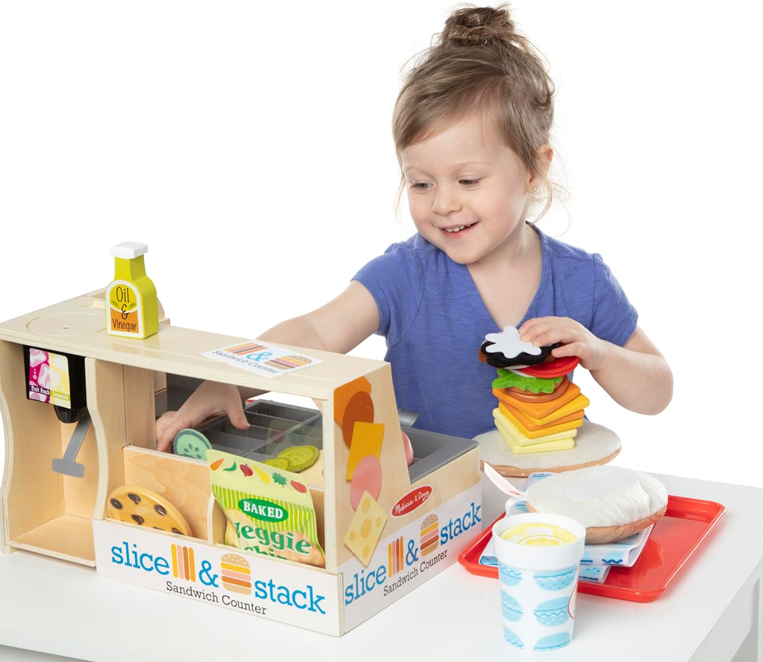 Melissa & Doug Wooden Slice & Stack Sandwich Counter with Deli Slicer – 56-Piece Pretend Play Wooden Food Toys, Kitchen Food Set For Toddlers And Kids Ages 3+ - Image 9