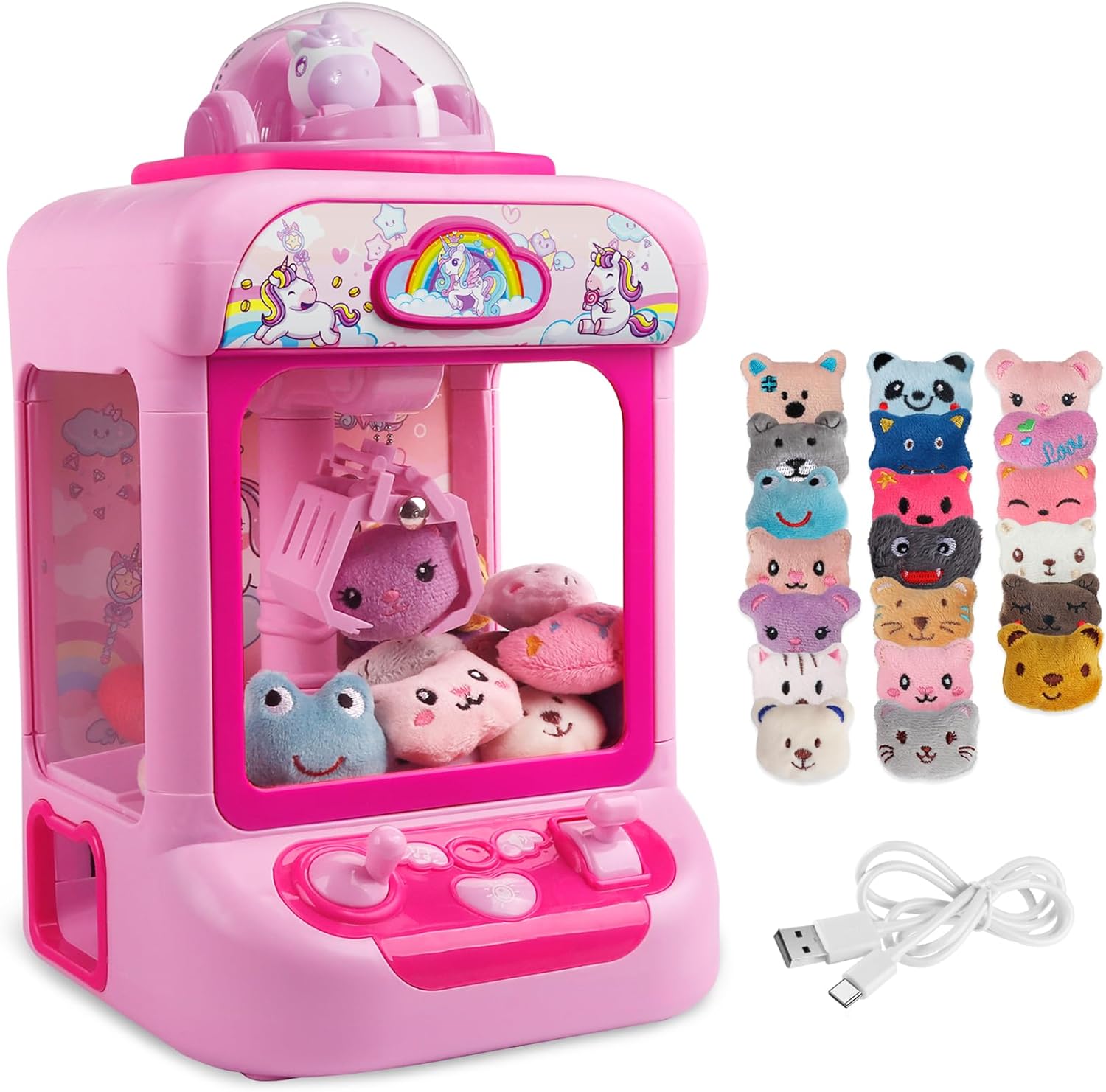 TingingYuli Claw Machine for Kids,Unicorn Mini Vending Machines Candy Grabber Prize Dispenser Pink Toys for Girls,Electronic Arcade Game with 20 Mini Plush Toys for Christmas Birthday Gifts