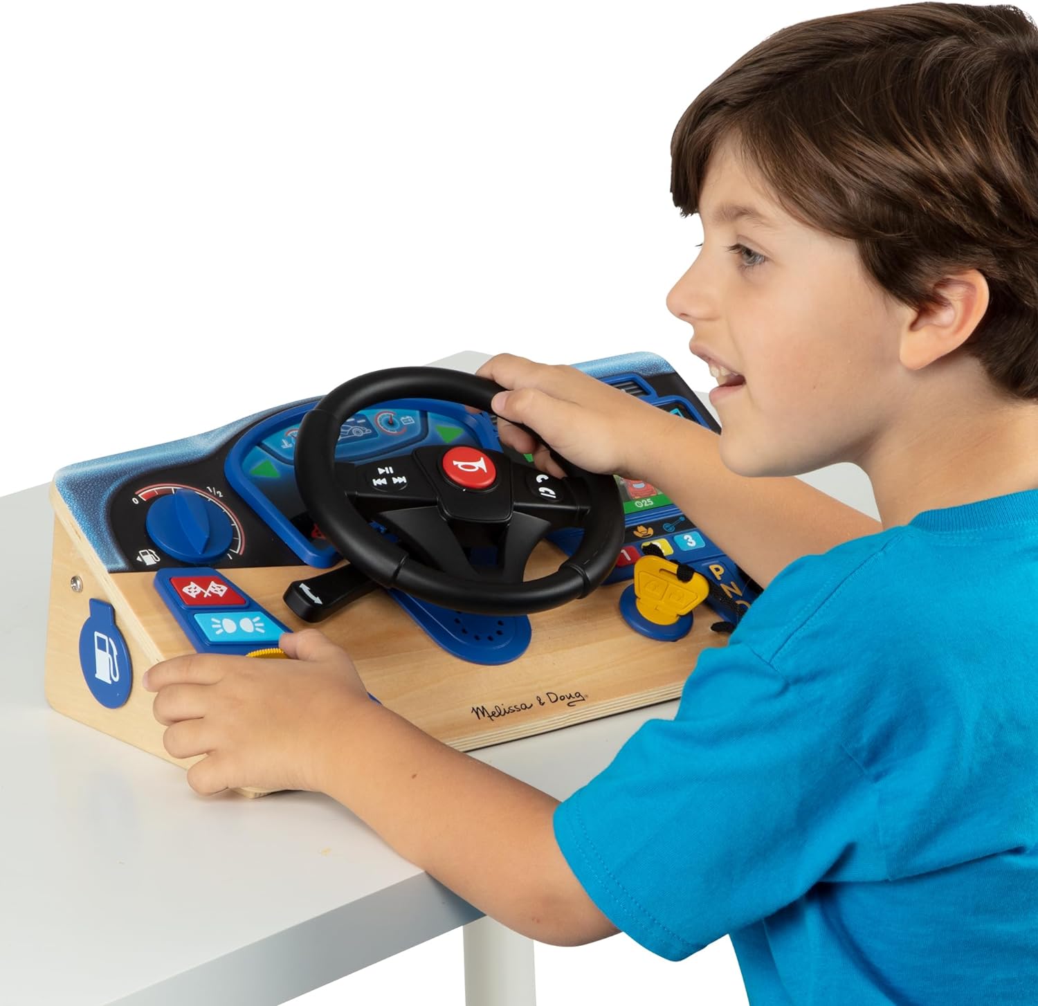 Melissa & Doug Vroom & Zoom Interactive Wooden Dashboard Steering Wheel Pretend Play Driving Toy - FSC Certified - Image 9