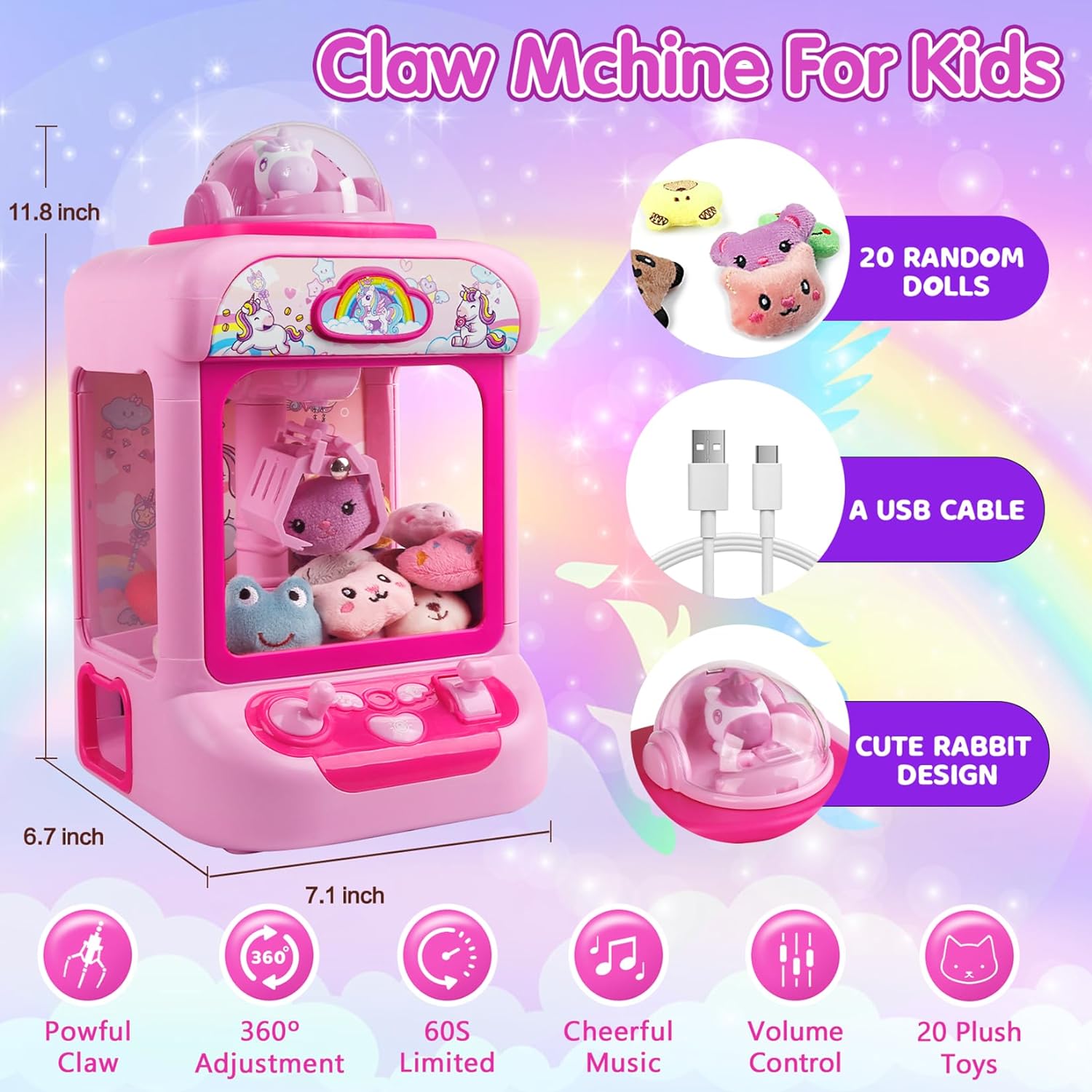 TingingYuli Claw Machine for Kids,Unicorn Mini Vending Machines Candy Grabber Prize Dispenser Pink Toys for Girls,Electronic Arcade Game with 20 Mini Plush Toys for Christmas Birthday Gifts - Image 6