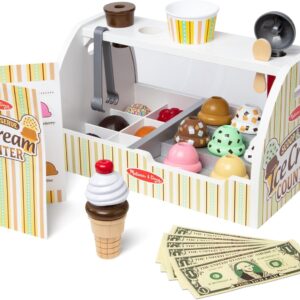 Melissa & Doug Wooden Scoop and Serve Ice Cream Counter (28 pcs) - Play Food and Accessories - Pretend Food Toys, Ice Cream Shop Toys For Kids Ages 3+