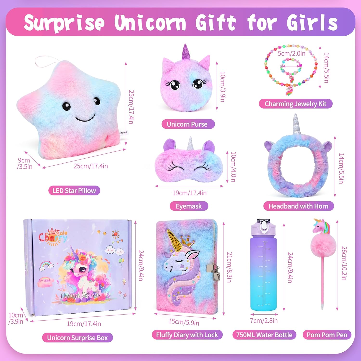 Unicorns Gifts for Girls, Kids Unicorn Toy Set with Light Up Star Pillow Water Bottle Plush Diary Birthday for Little Girls Age 4 5 6 7 8 9 10 - Image 2