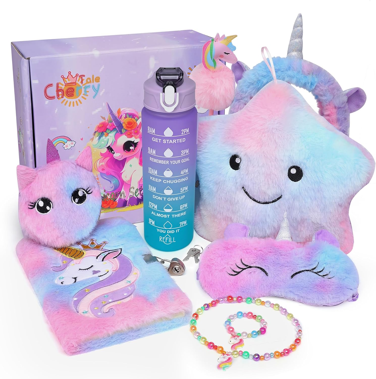 Unicorns Gifts for Girls, Kids Unicorn Toy Set with Light Up Star Pillow Water Bottle Plush Diary Birthday for Little Girls Age 4 5 6 7 8 9 10