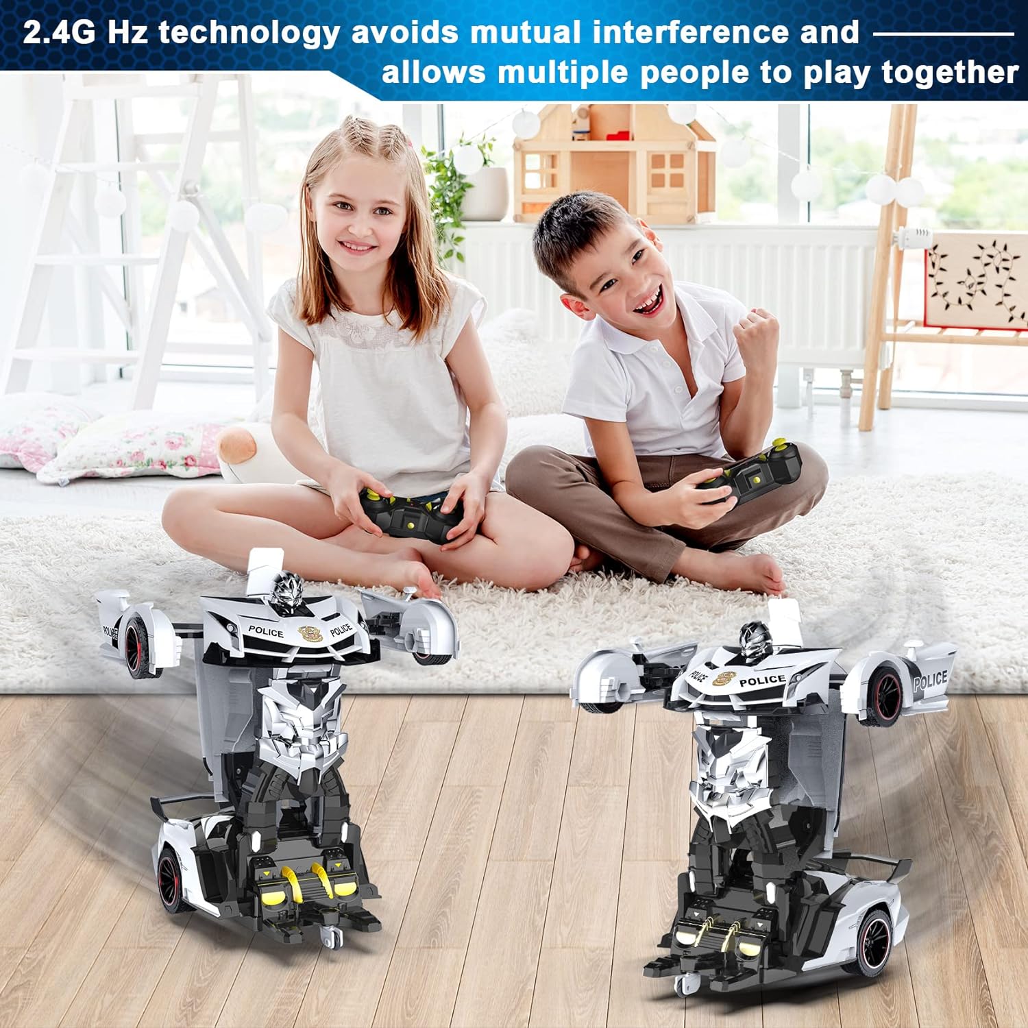 FDJ Remote Control Car - Transform , One Button Deformation to Robot with Flashing Light, 2.4Ghz 1:18 Scale Transforming Police Boys Kids Toys Gift with 360 Degree Rotating Drifting - Image 6