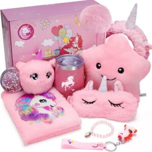 Petrichor Unicorns Gifts for Girls Kids Toys 6 7 8 9 10 Years Old with Star Light Up Pillow Stationery Plush Diary Headband Eye Mask Mirror Water Bottle Teen Girl Gifts for Birthday Unicorn Toy Set