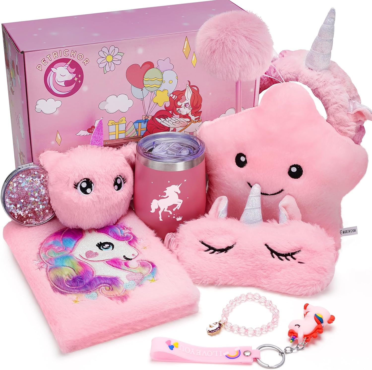 Petrichor Unicorns Gifts for Girls Kids Toys 6 7 8 9 10 Years Old with Star Light Up Pillow Stationery Plush Diary Headband Eye Mask Mirror Water Bottle Teen Girl Gifts for Birthday Unicorn Toy Set