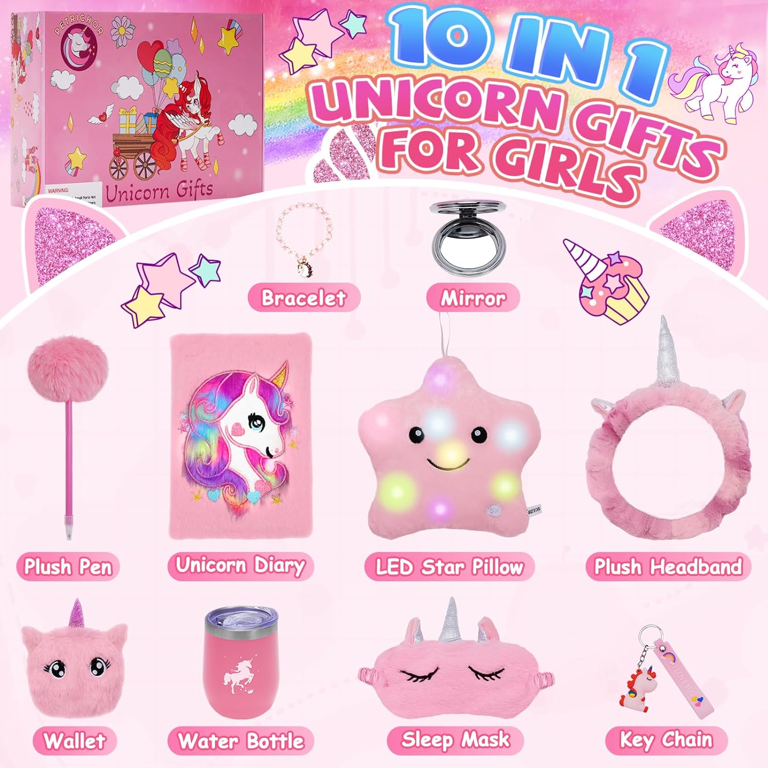 Petrichor Unicorns Gifts for Girls Kids Toys 6 7 8 9 10 Years Old with Star Light Up Pillow Stationery Plush Diary Headband Eye Mask Mirror Water Bottle Teen Girl Gifts for Birthday Unicorn Toy Set - Image 2