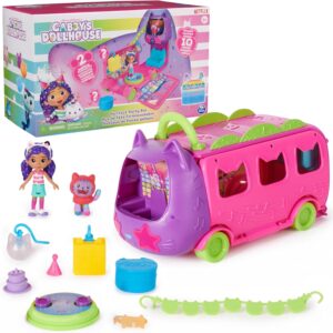 Gabby's Dollhouse Celebration Party Bus, Transforming Playset with Gabby & DJ Catnip Toy Figures & Dollhouse Accessories, Kids Toys for Ages 3 and Up
