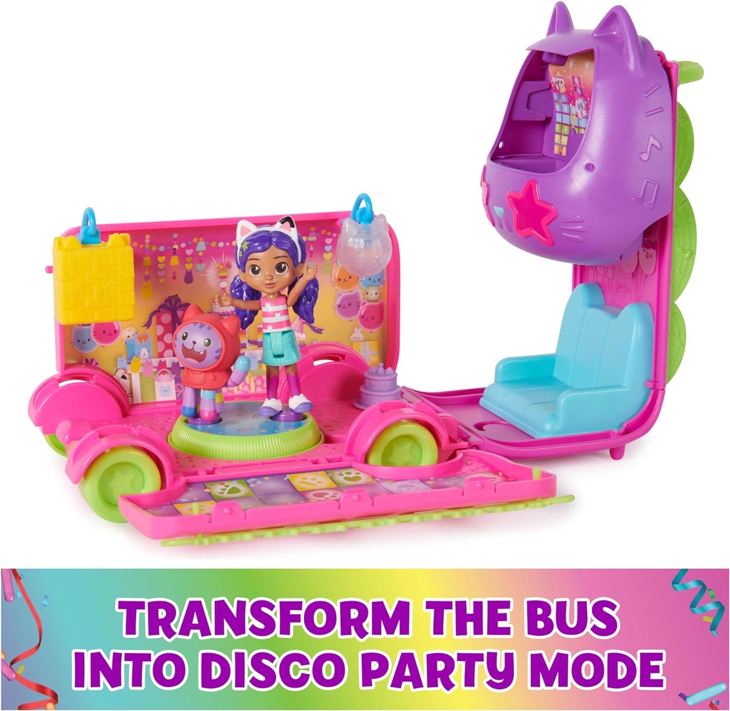 Gabby's Dollhouse Celebration Party Bus, Transforming Playset with Gabby & DJ Catnip Toy Figures & Dollhouse Accessories, Kids Toys for Ages 3 and Up - Image 6