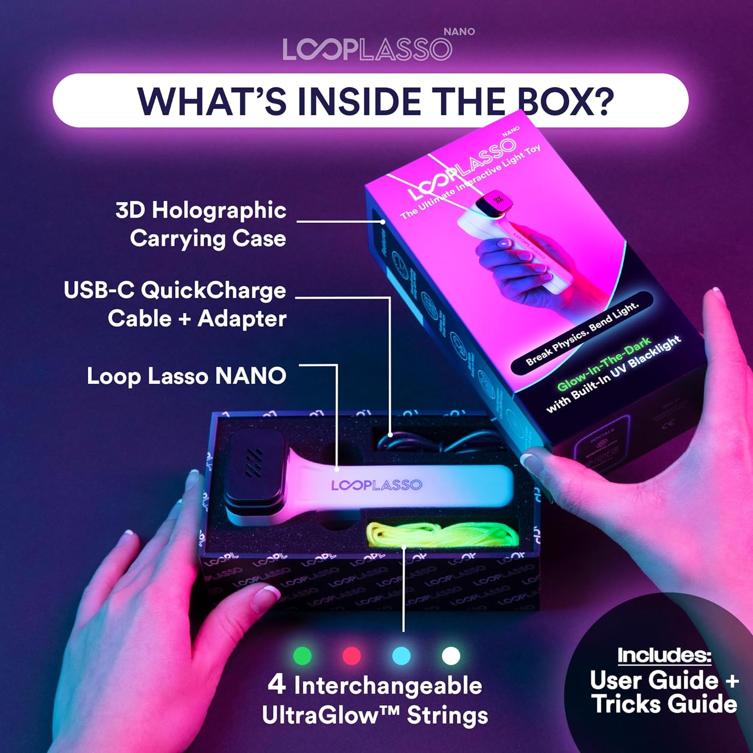 Loop Lasso® Nano - The Original Glow-in-The-Dark String Shooter Toy - Built-in UV Blacklight - Safe Fun Adult & Kids Rope Launcher Gift - Viral Fidget Toy Gadget - Music Festival Rave Dance Accessory - Image 4