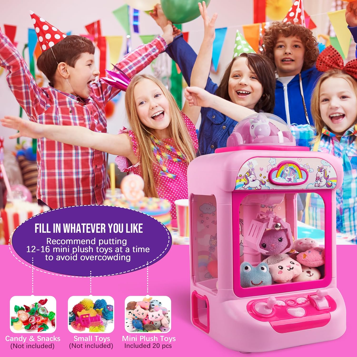 TingingYuli Claw Machine for Kids,Unicorn Mini Vending Machines Candy Grabber Prize Dispenser Pink Toys for Girls,Electronic Arcade Game with 20 Mini Plush Toys for Christmas Birthday Gifts - Image 4