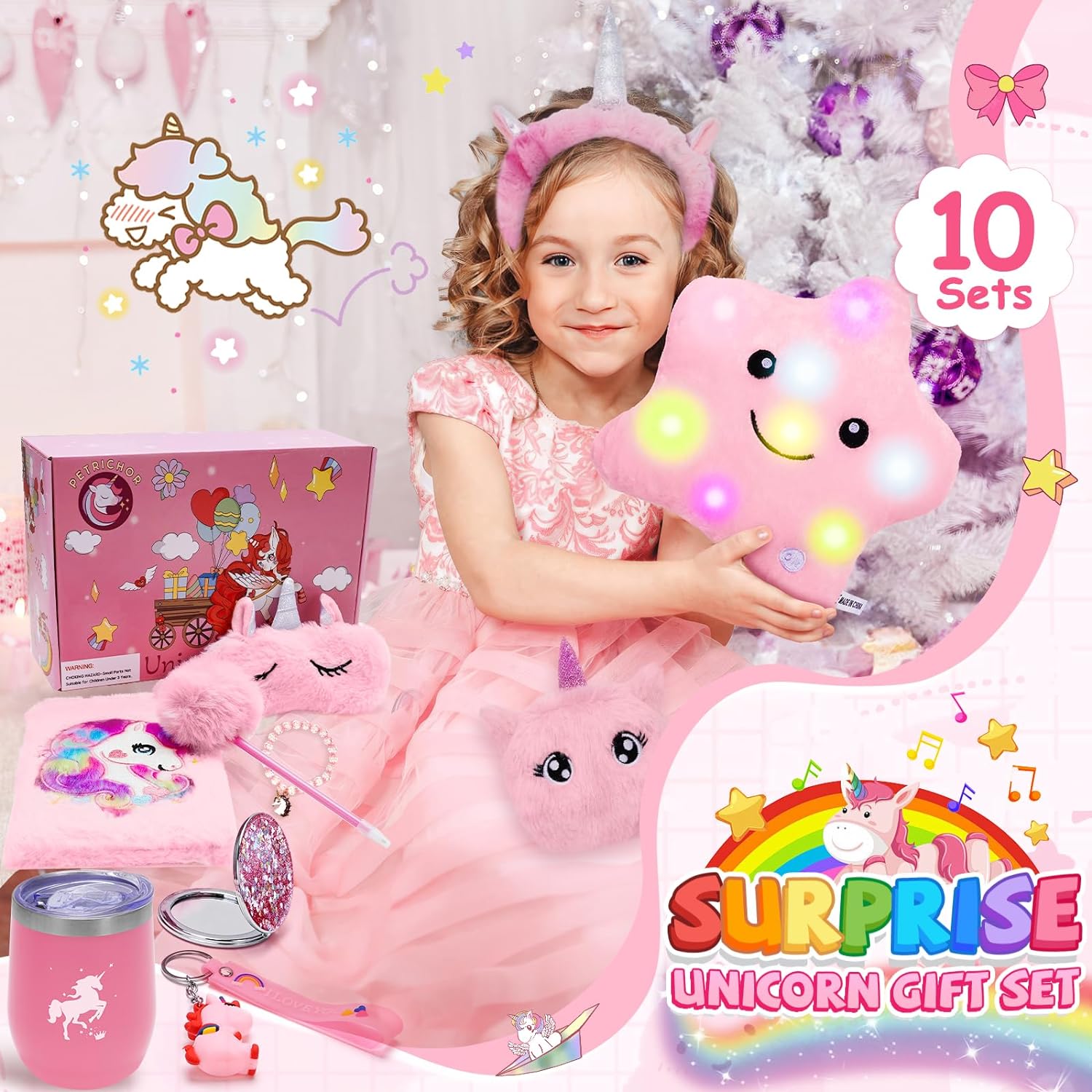 Petrichor Unicorns Gifts for Girls Kids Toys 6 7 8 9 10 Years Old with Star Light Up Pillow Stationery Plush Diary Headband Eye Mask Mirror Water Bottle Teen Girl Gifts for Birthday Unicorn Toy Set - Image 6
