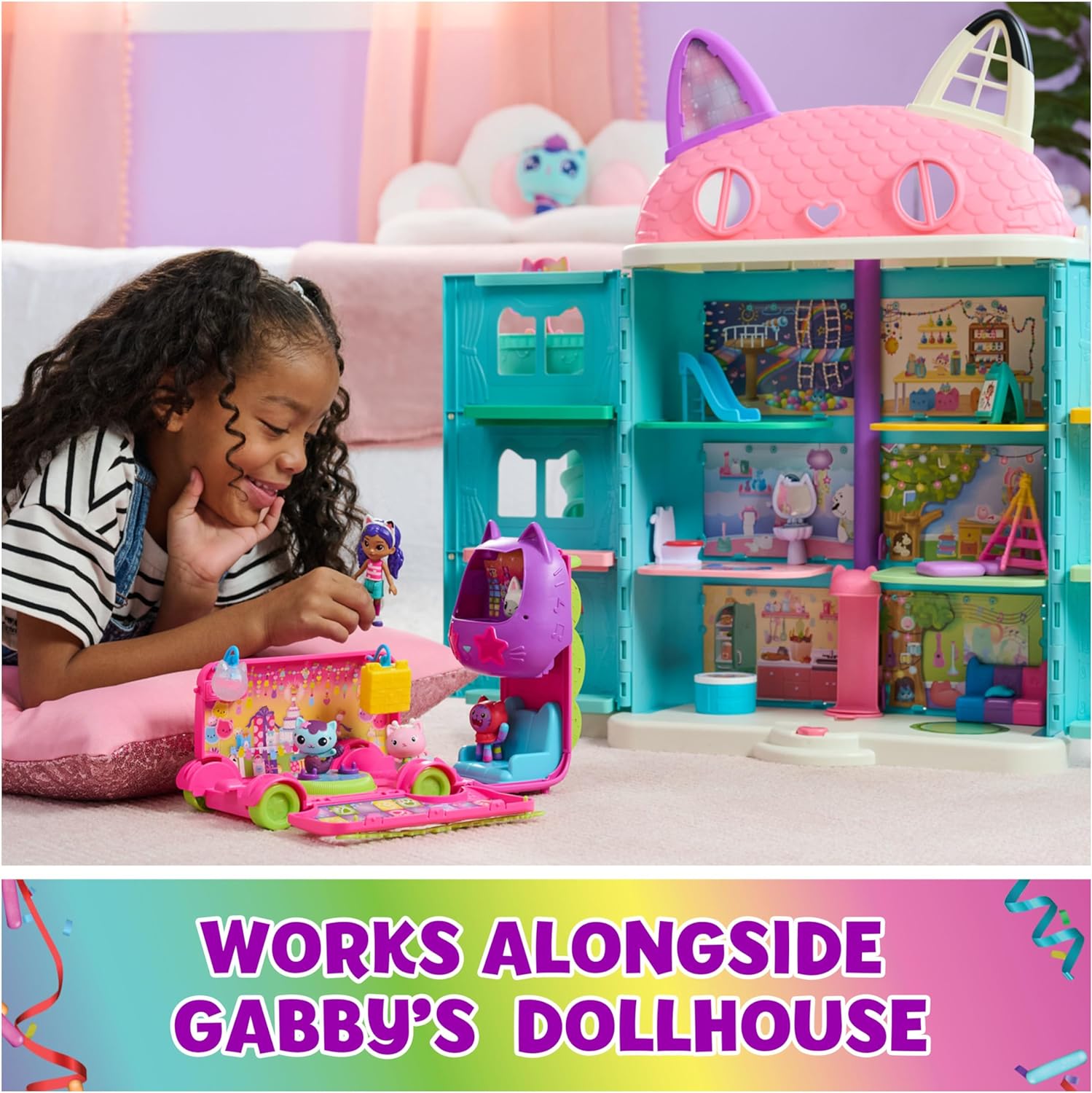 Gabby's Dollhouse Celebration Party Bus, Transforming Playset with Gabby & DJ Catnip Toy Figures & Dollhouse Accessories, Kids Toys for Ages 3 and Up - Image 5