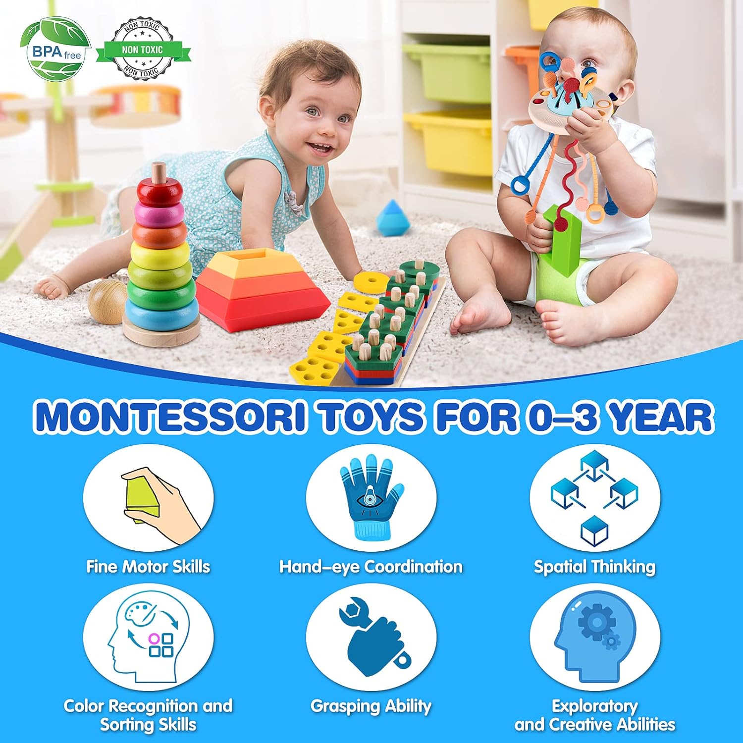 4 in 1 Montessori Toys for Babies, Baby Toys 6 to 12 Months, Stacking Building Blocks & Pull String Baby Teething Toys 3-6-9-12 M+,Toddler Sensory Toys Ages 1-2, Toddler Learning Toys - Image 6
