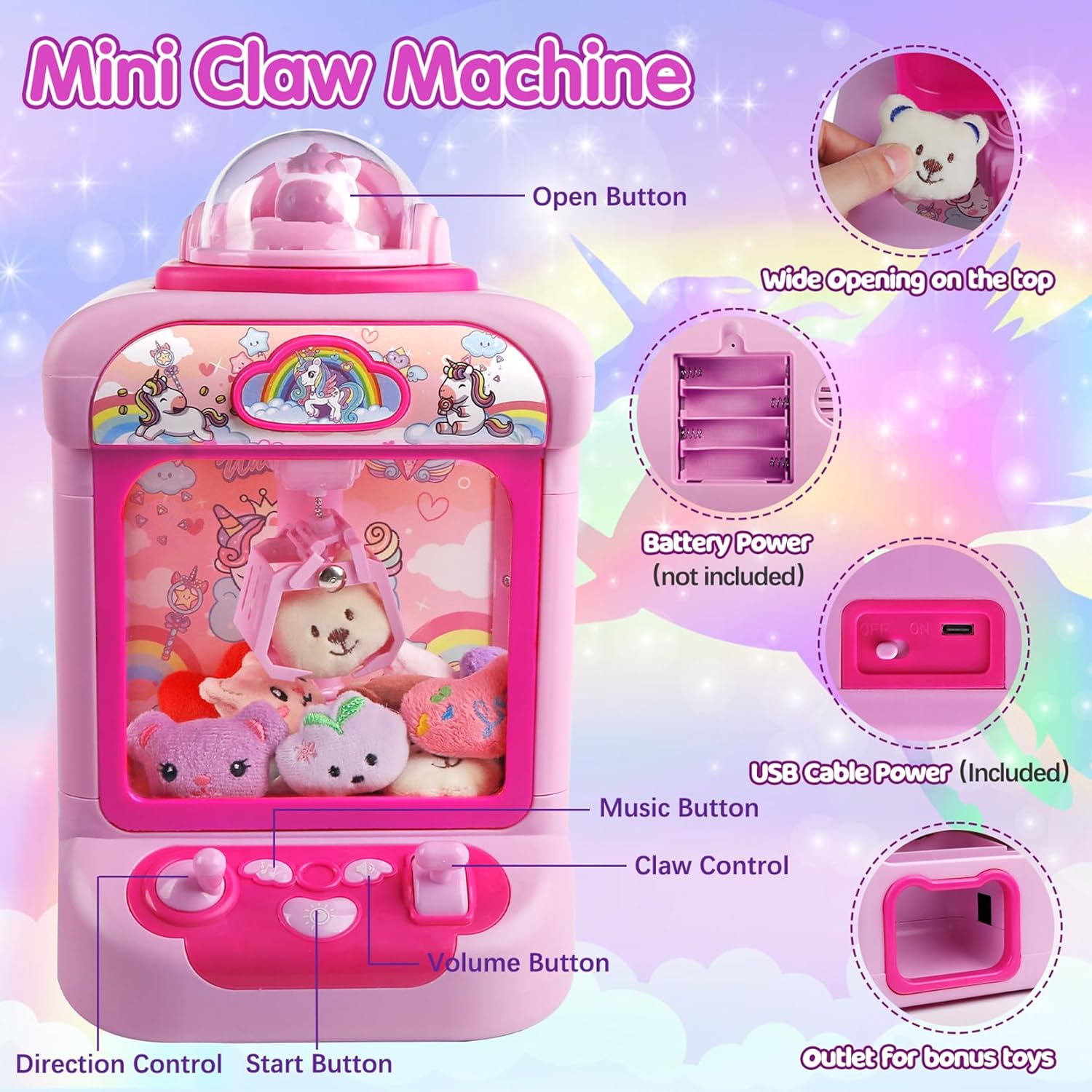 TingingYuli Claw Machine for Kids,Unicorn Mini Vending Machines Candy Grabber Prize Dispenser Pink Toys for Girls,Electronic Arcade Game with 20 Mini Plush Toys for Christmas Birthday Gifts - Image 2