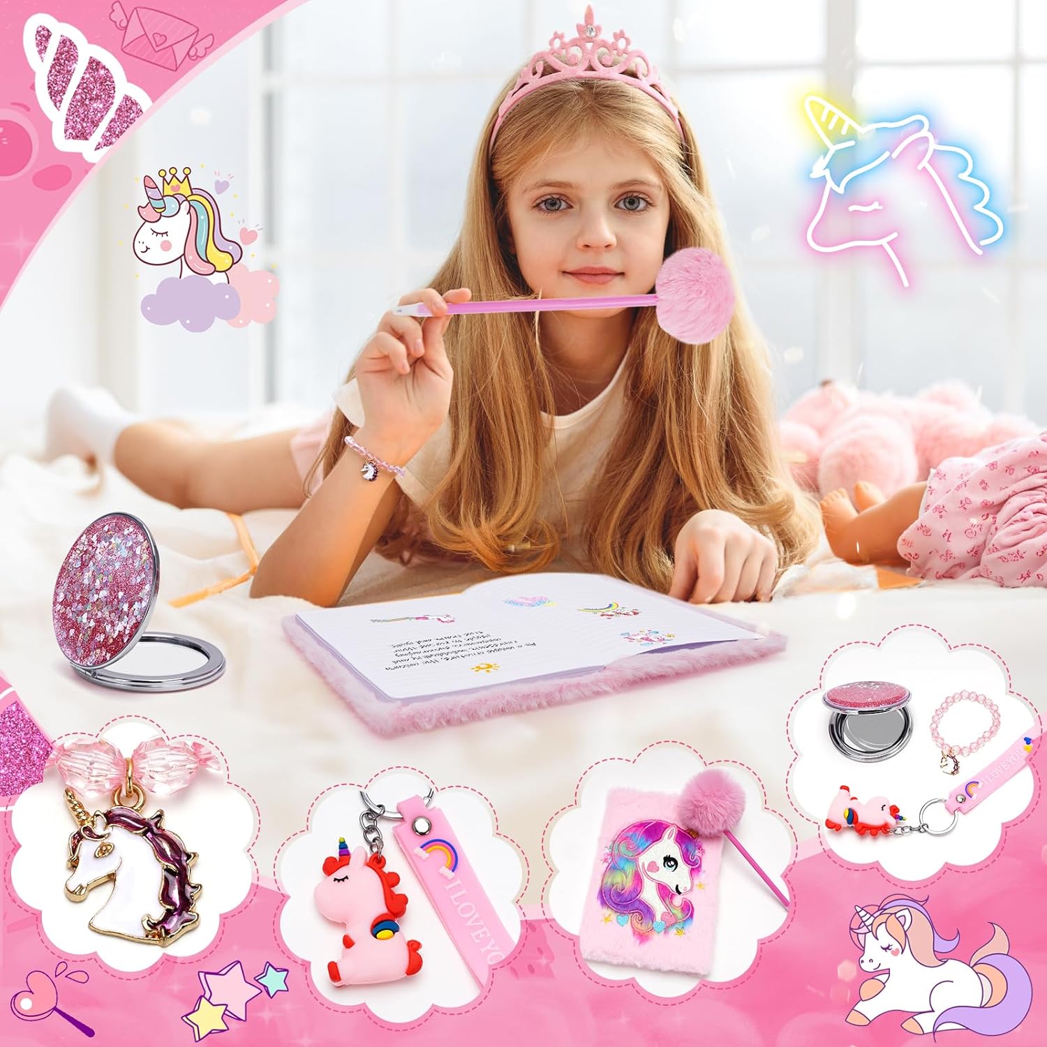 Petrichor Unicorns Gifts for Girls Kids Toys 6 7 8 9 10 Years Old with Star Light Up Pillow Stationery Plush Diary Headband Eye Mask Mirror Water Bottle Teen Girl Gifts for Birthday Unicorn Toy Set - Image 3