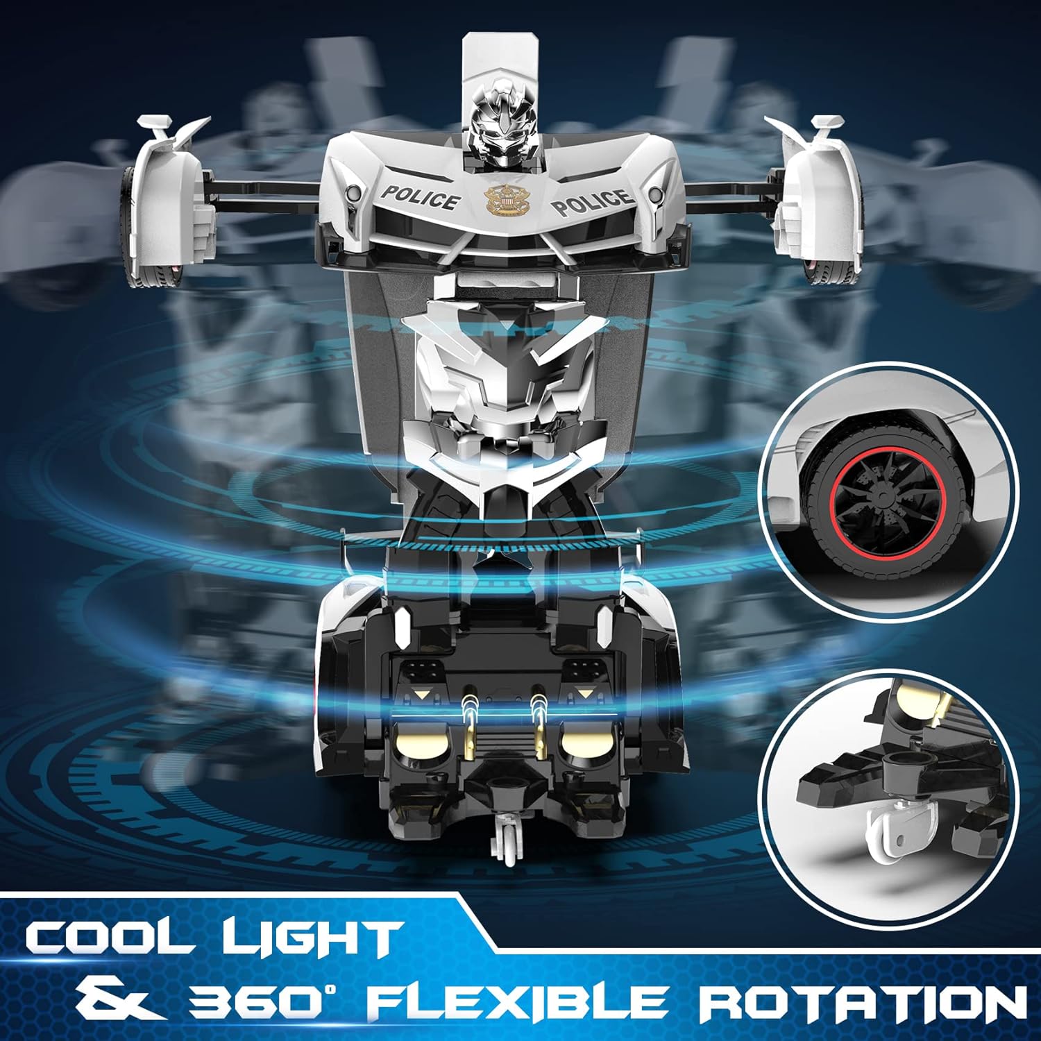 FDJ Remote Control Car - Transform , One Button Deformation to Robot with Flashing Light, 2.4Ghz 1:18 Scale Transforming Police Boys Kids Toys Gift with 360 Degree Rotating Drifting - Image 4