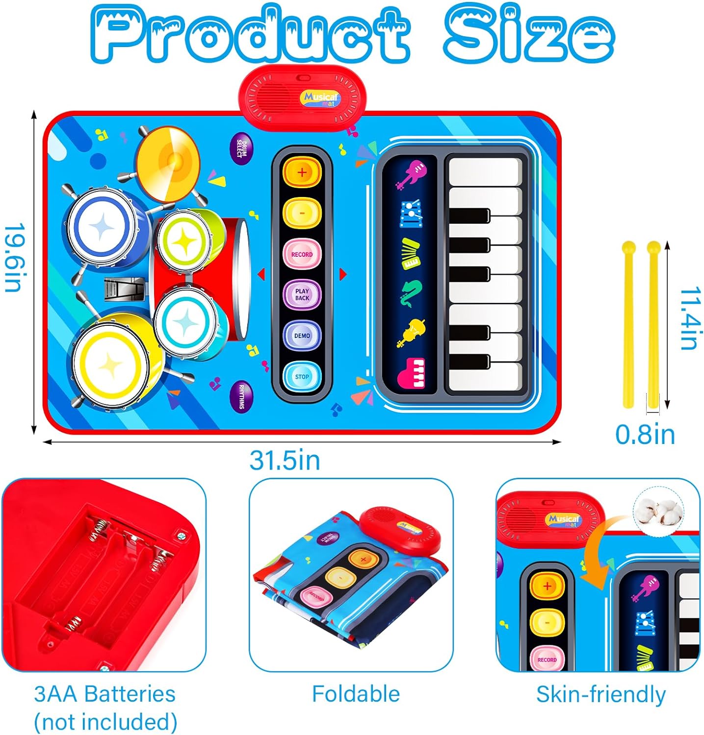 Baby Toys for 1 Year Old: Baby Musical Mat Toddler Toys Age 1-2 - 2 in 1 Piano Drum Babies Play Mat - Infant Music Toy 12-18 Months Babies Birthday Valentines Gifts for 1 2 3 Year Old Boys Girls - Image 4