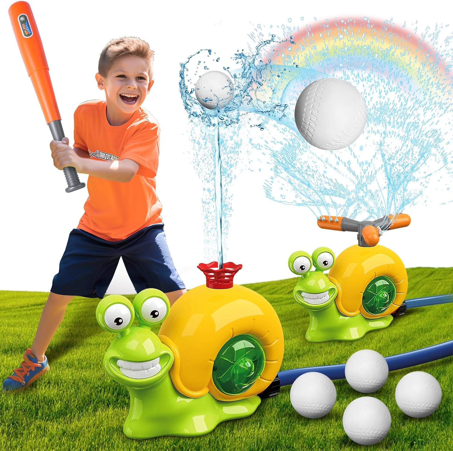 Water Sprinkler Baseball Kids Outdoor Play Toys, 2 in 1 Snail Summer Water Outside Toys with 2 Sprinkler Heads, 360° Roating Spray Water Baseball for Boys Girls Summer Backyard Lawn Pool Party Fun