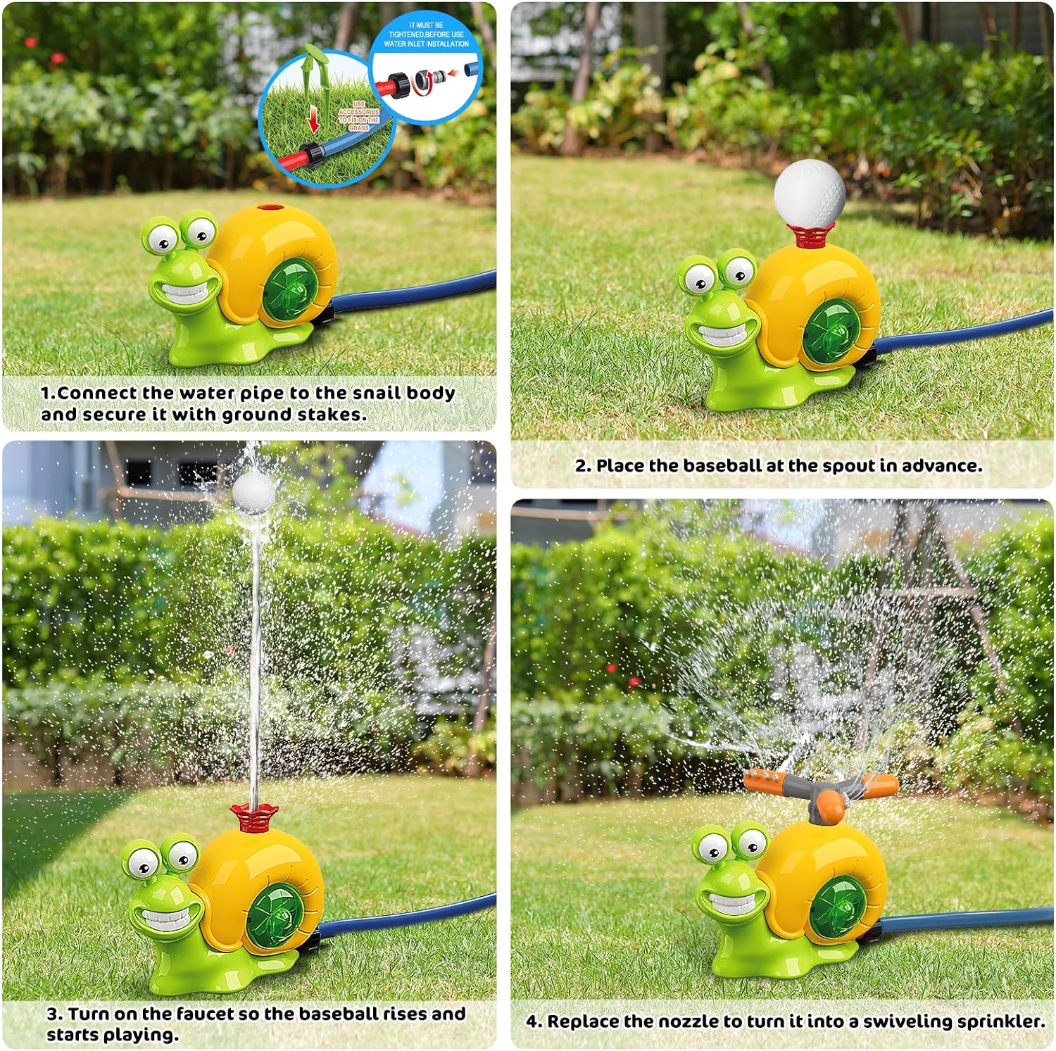 Water Sprinkler Baseball Kids Outdoor Play Toys, 2 in 1 Snail Summer Water Outside Toys with 2 Sprinkler Heads, 360° Roating Spray Water Baseball for Boys Girls Summer Backyard Lawn Pool Party Fun - Image 6