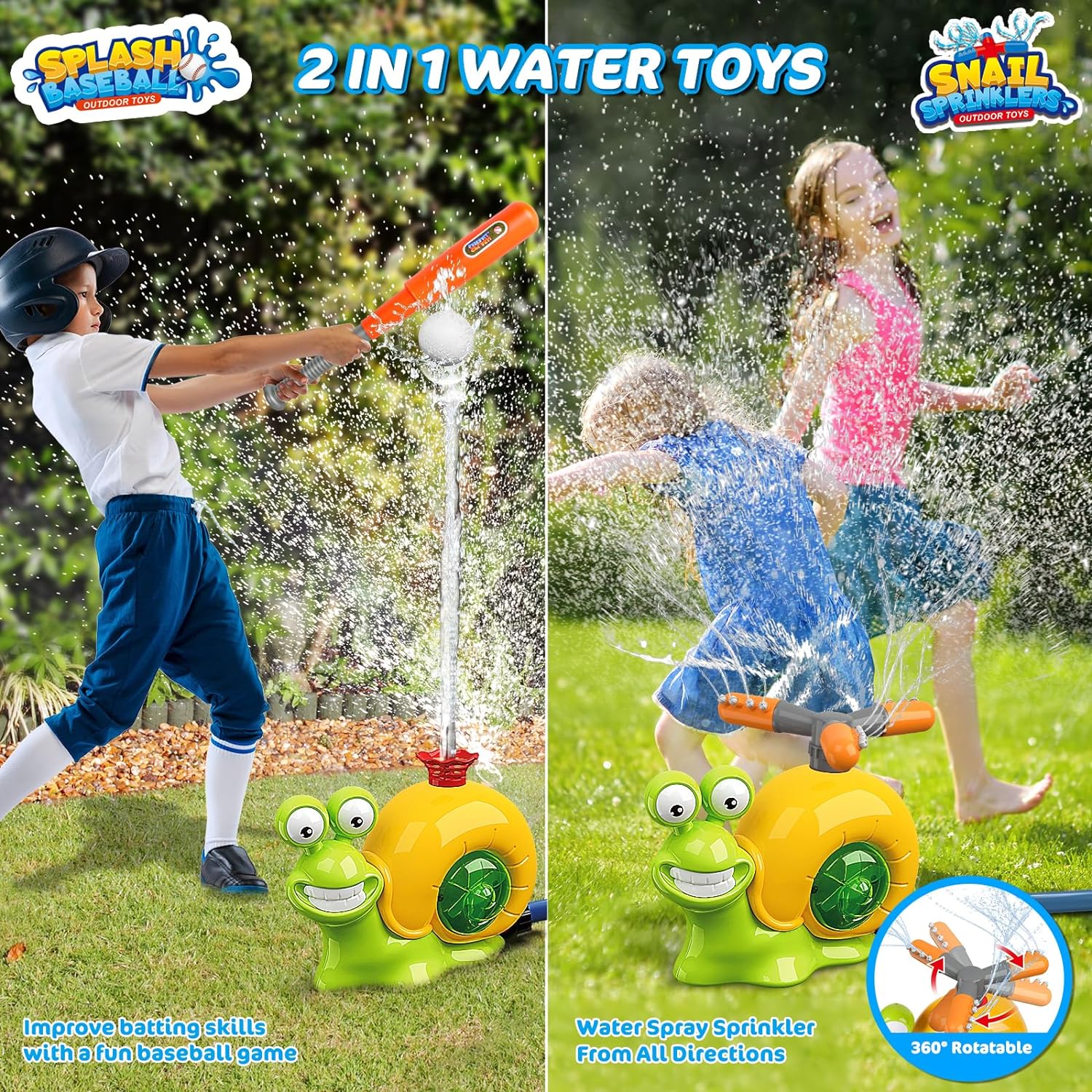 Water Sprinkler Baseball Kids Outdoor Play Toys, 2 in 1 Snail Summer Water Outside Toys with 2 Sprinkler Heads, 360° Roating Spray Water Baseball for Boys Girls Summer Backyard Lawn Pool Party Fun - Image 2
